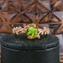 Nature-Inspired Vine-Wrapped 4-Prong Hexagon-Cut Peridot Engagement Ring