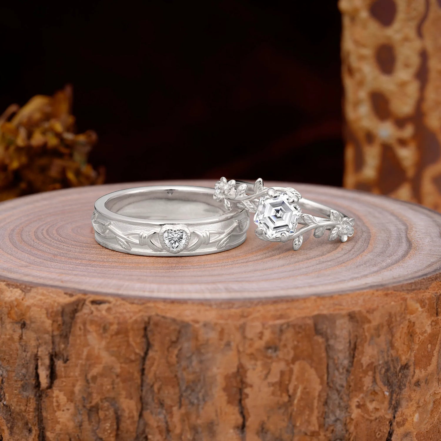 Nature-Inspired Vine-Wrapped 4-Prong Hexagon-Cut Lab Diamond Engagement Couple Rings