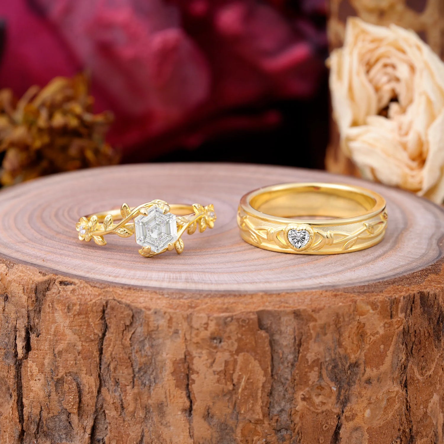 Nature-Inspired Vine-Wrapped 4-Prong Hexagon-Cut Moissanite Engagement Couple Rings