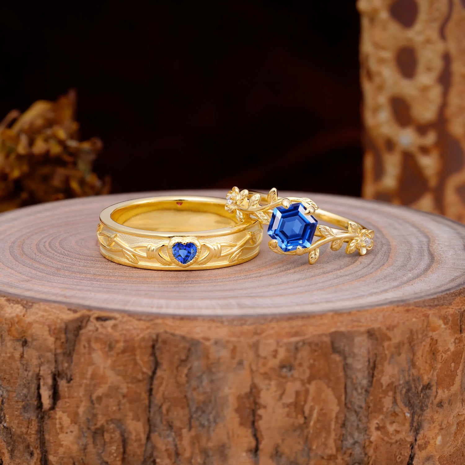 Nature-Inspired Vine-Wrapped 4-Prong Hexagon-Cut Sapphire Engagement Couple Rings