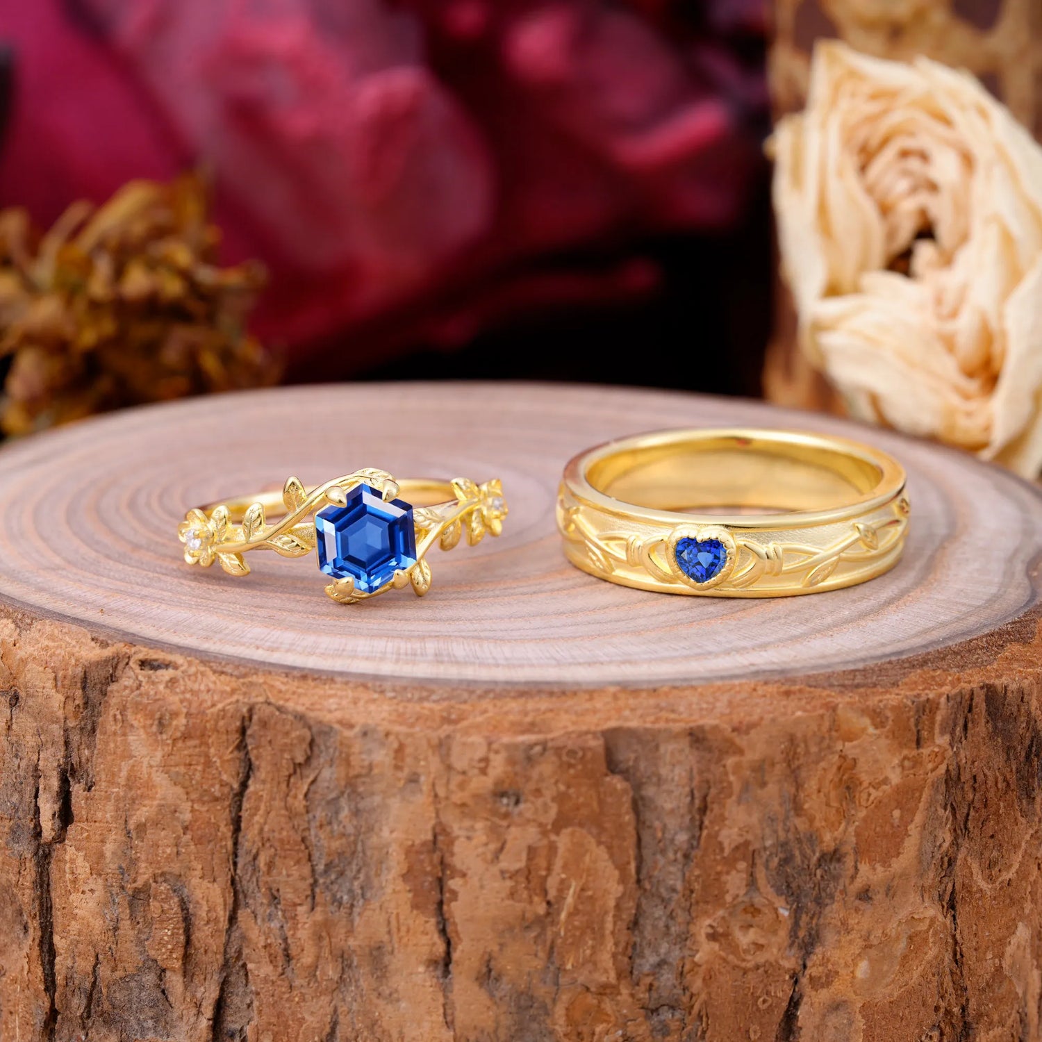 Nature-Inspired Vine-Wrapped 4-Prong Hexagon-Cut Sapphire Engagement Couple Rings