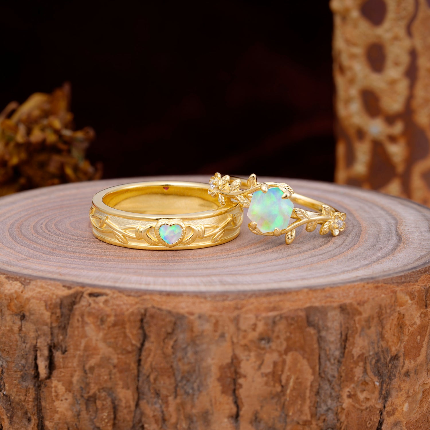 Nature-Inspired Vine-Wrapped 4-Prong Hexagon-Cut Opal Engagement Couple Rings