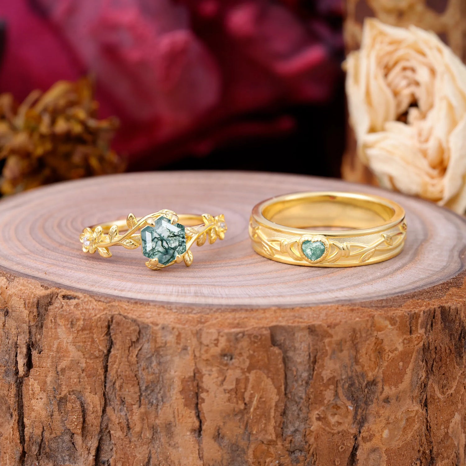 Nature-Inspired Vine-Wrapped 4-Prong Hexagon-Cut Moss Agate Engagement Couple Rings