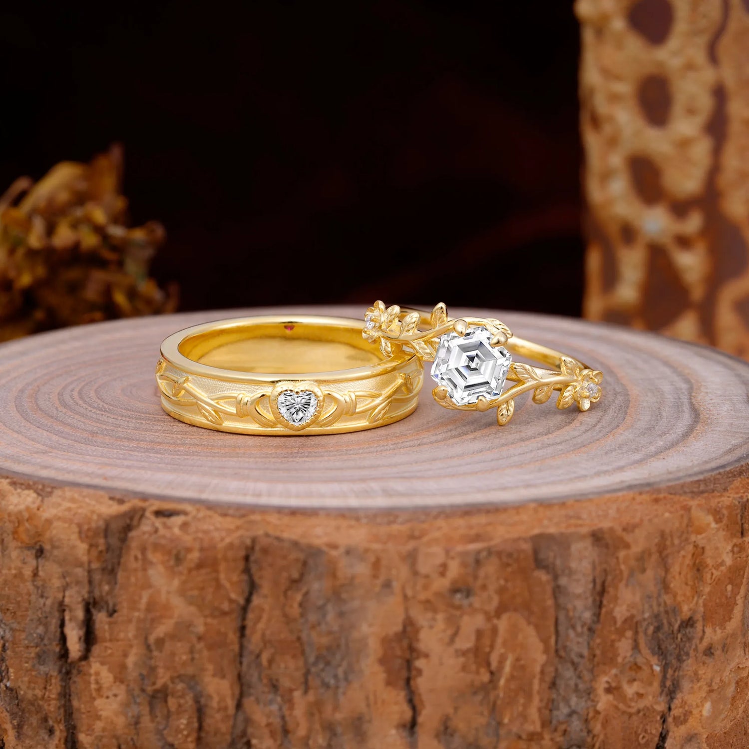 Nature-Inspired Vine-Wrapped 4-Prong Hexagon-Cut Lab Diamond Engagement Couple Rings