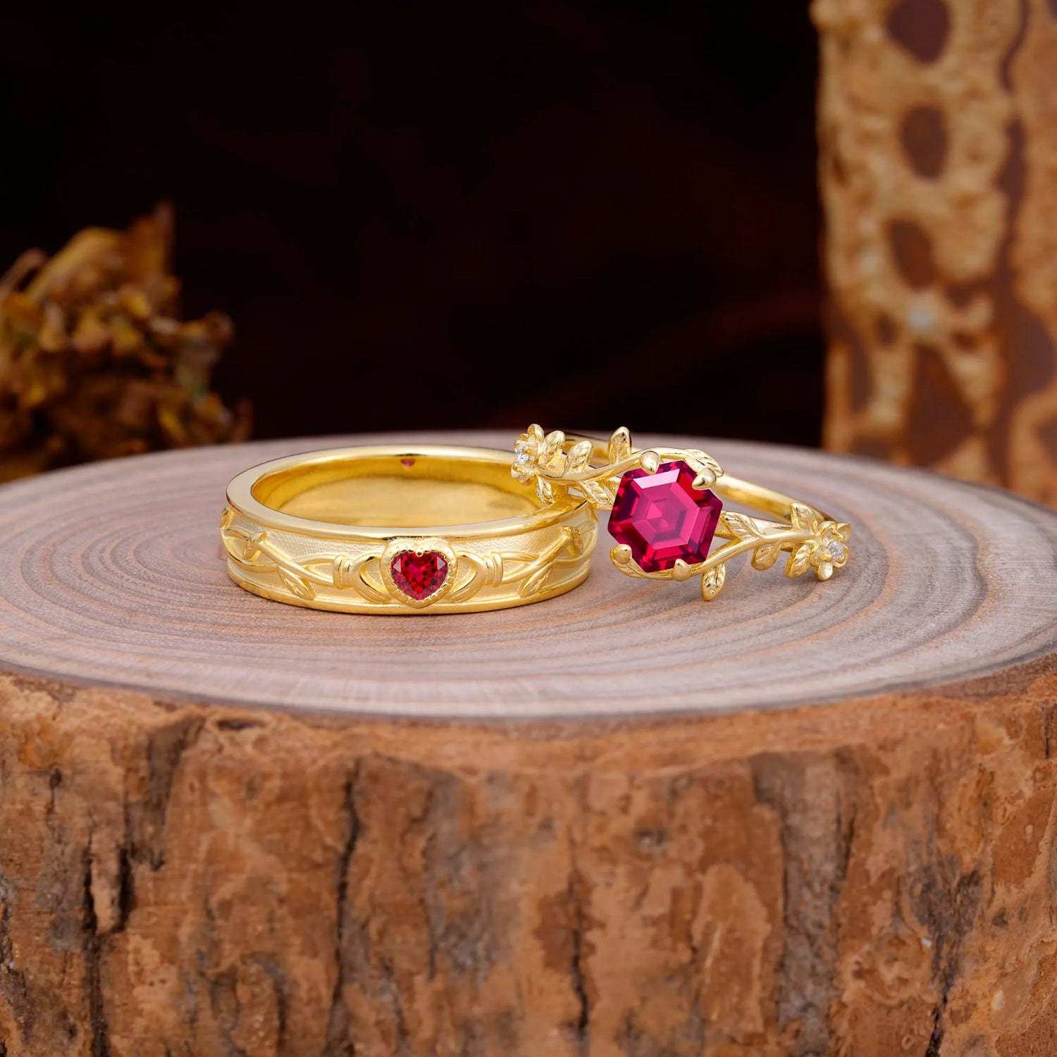 Nature-Inspired Vine-Wrapped 4-Prong Hexagon-Cut Ruby Engagement Couple Rings