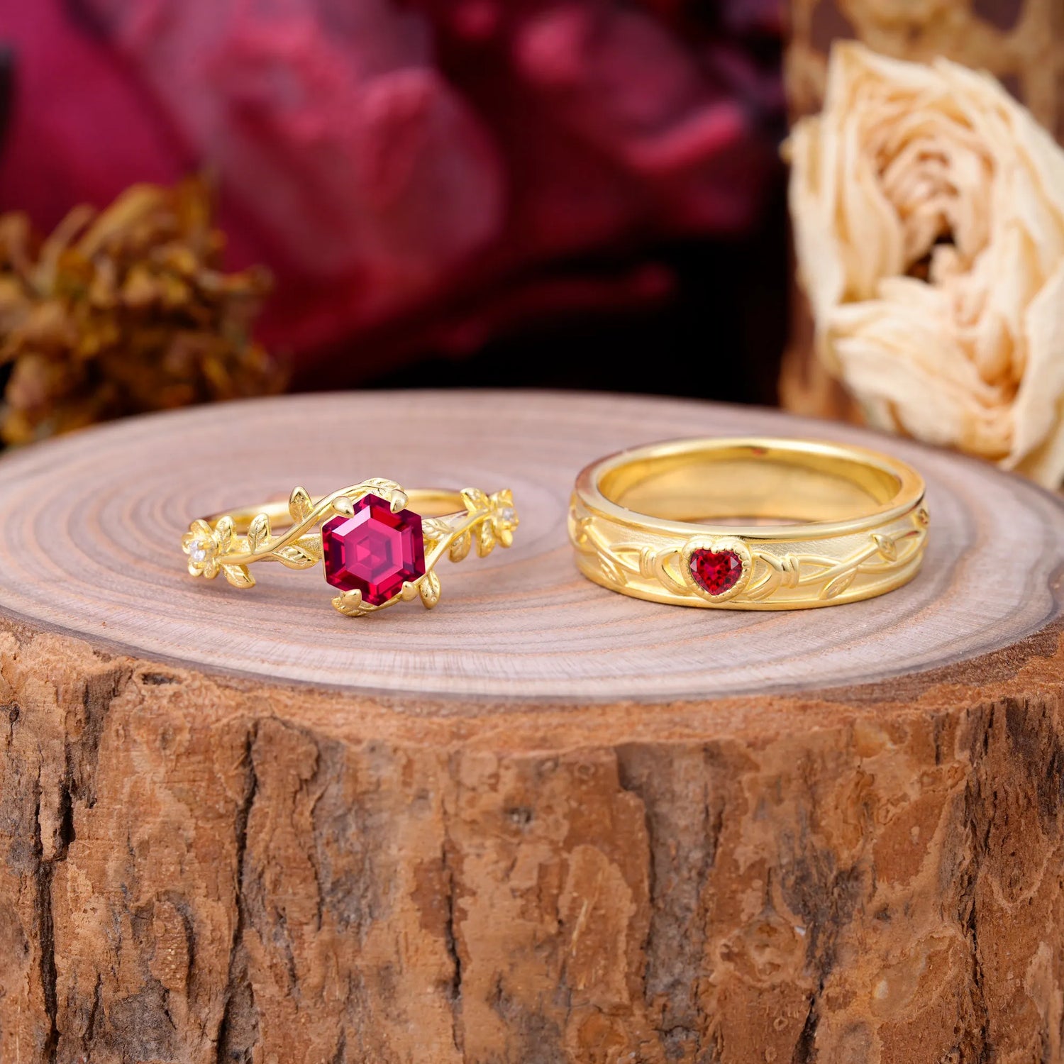 Nature-Inspired Vine-Wrapped 4-Prong Hexagon-Cut Ruby Engagement Couple Rings