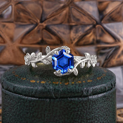 Nature-Inspired Vine-Wrapped 4-Prong Hexagon-Cut Sapphire Engagement Ring