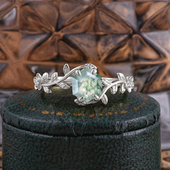 Nature-Inspired Vine-Wrapped 4-Prong Hexagon-Cut Natural Moss Agate Engagement Ring