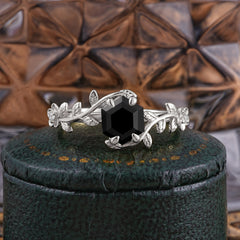 Nature-Inspired Vine-Wrapped 4-Prong Hexagon-Cut Black Onyx Engagement Ring