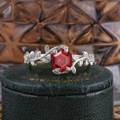 Nature-Inspired Vine-Wrapped 4-Prong Hexagon-Cut Garnet Engagement Ring
