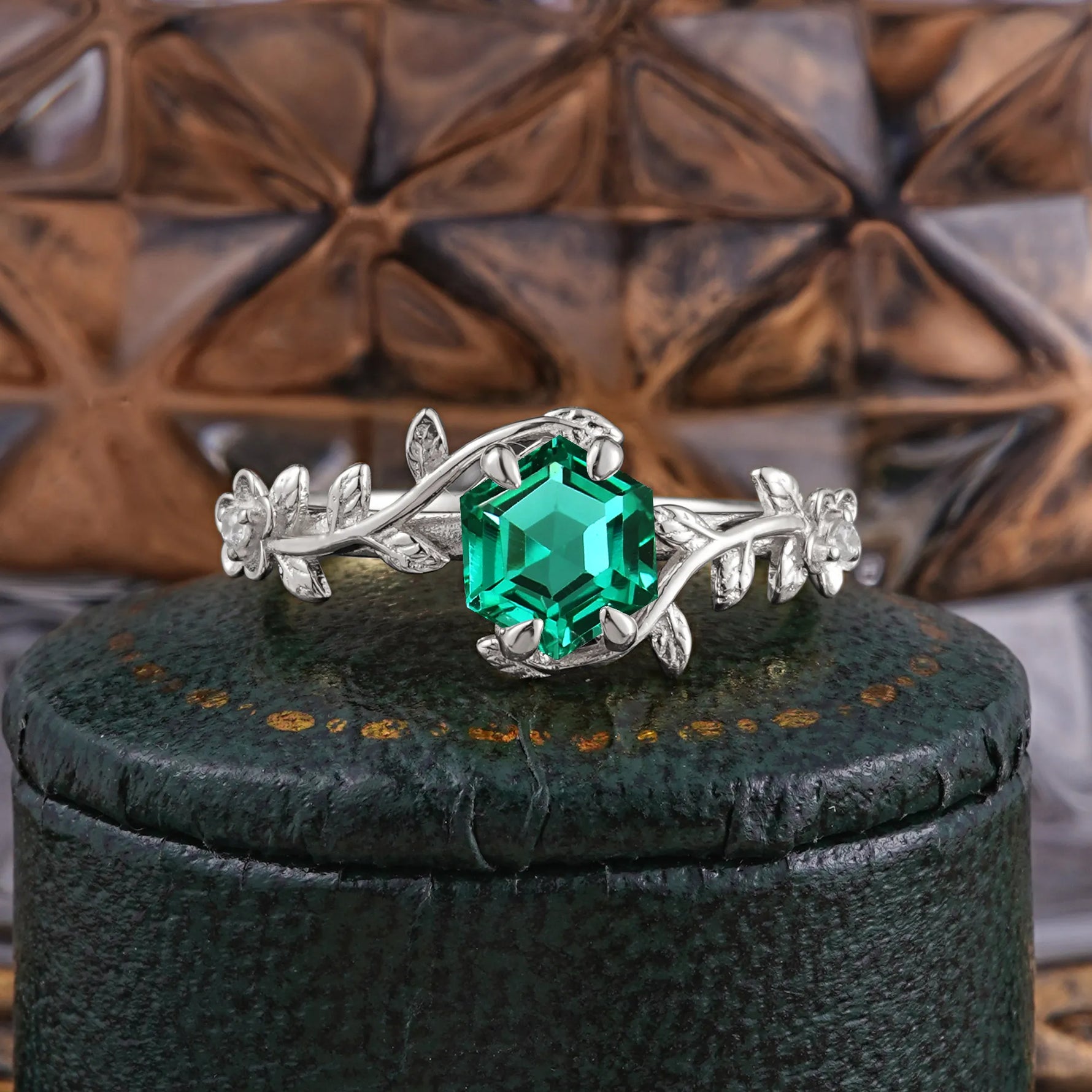 Nature-Inspired Vine-Wrapped 4-Prong Hexagon-Cut Emerald Engagement Ring - Romalar Jewelry