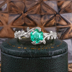 Nature-Inspired Vine-Wrapped 4-Prong Hexagon-Cut Emerald Engagement Ring