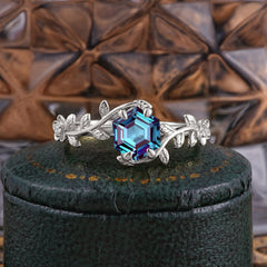 Nature-Inspired Vine-Wrapped 4-Prong Hexagon-Cut Alexandrite Engagement Ring