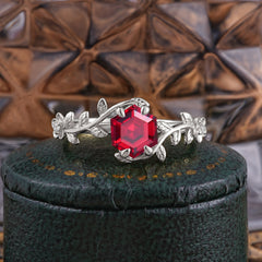 Nature-Inspired Vine-Wrapped 4-Prong Hexagon-Cut Ruby Engagement Ring