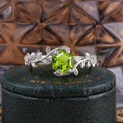 Nature-Inspired Vine-Wrapped 4-Prong Hexagon-Cut Peridot Engagement Ring
