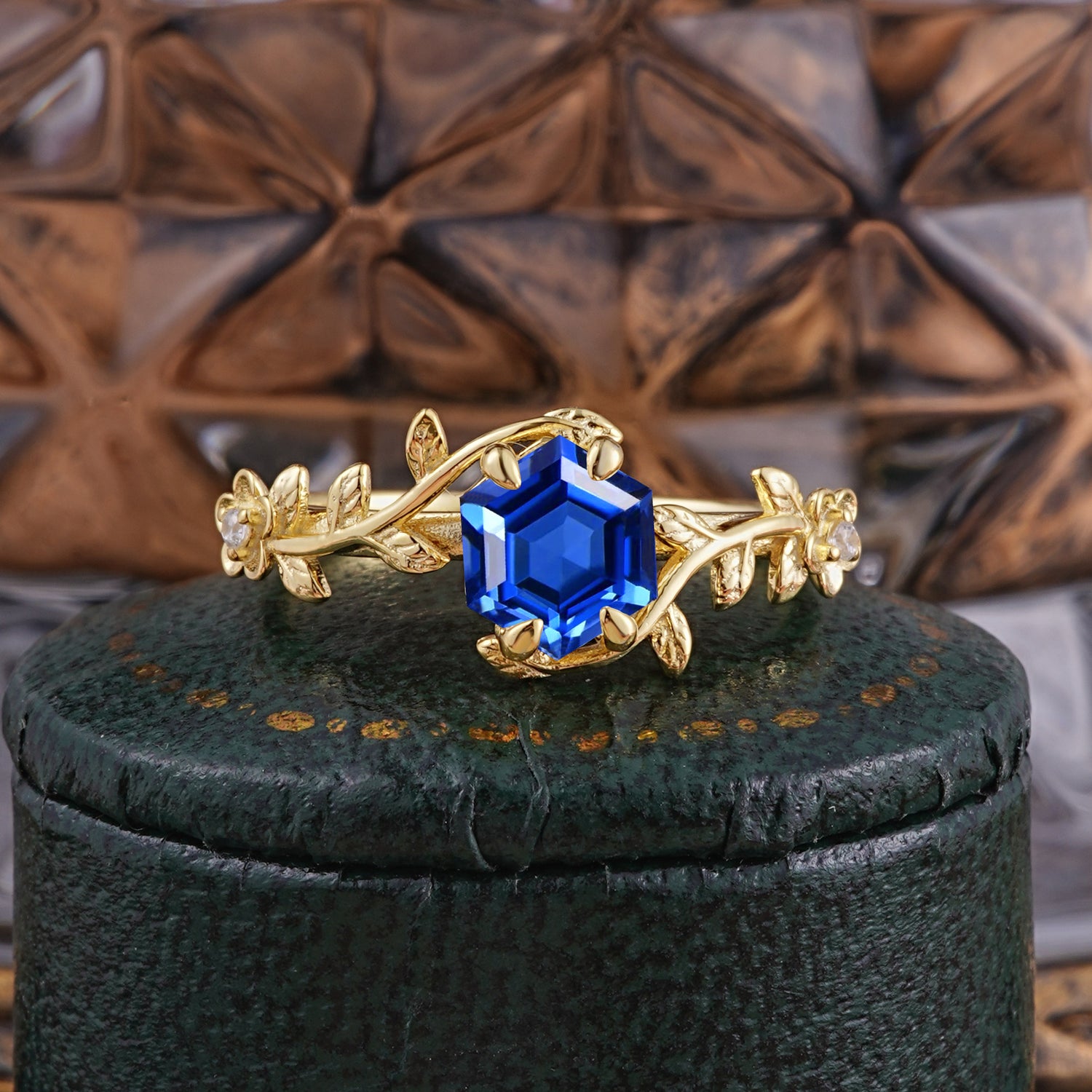 Nature-Inspired Vine-Wrapped 4-Prong Hexagon-Cut Sapphire Engagement Ring - Romalar Jewelry