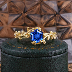 Nature-Inspired Vine-Wrapped 4-Prong Hexagon-Cut Sapphire Engagement Ring