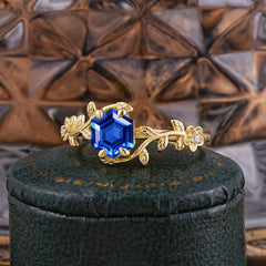 Nature-Inspired Vine-Wrapped 4-Prong Hexagon-Cut Sapphire Engagement Ring