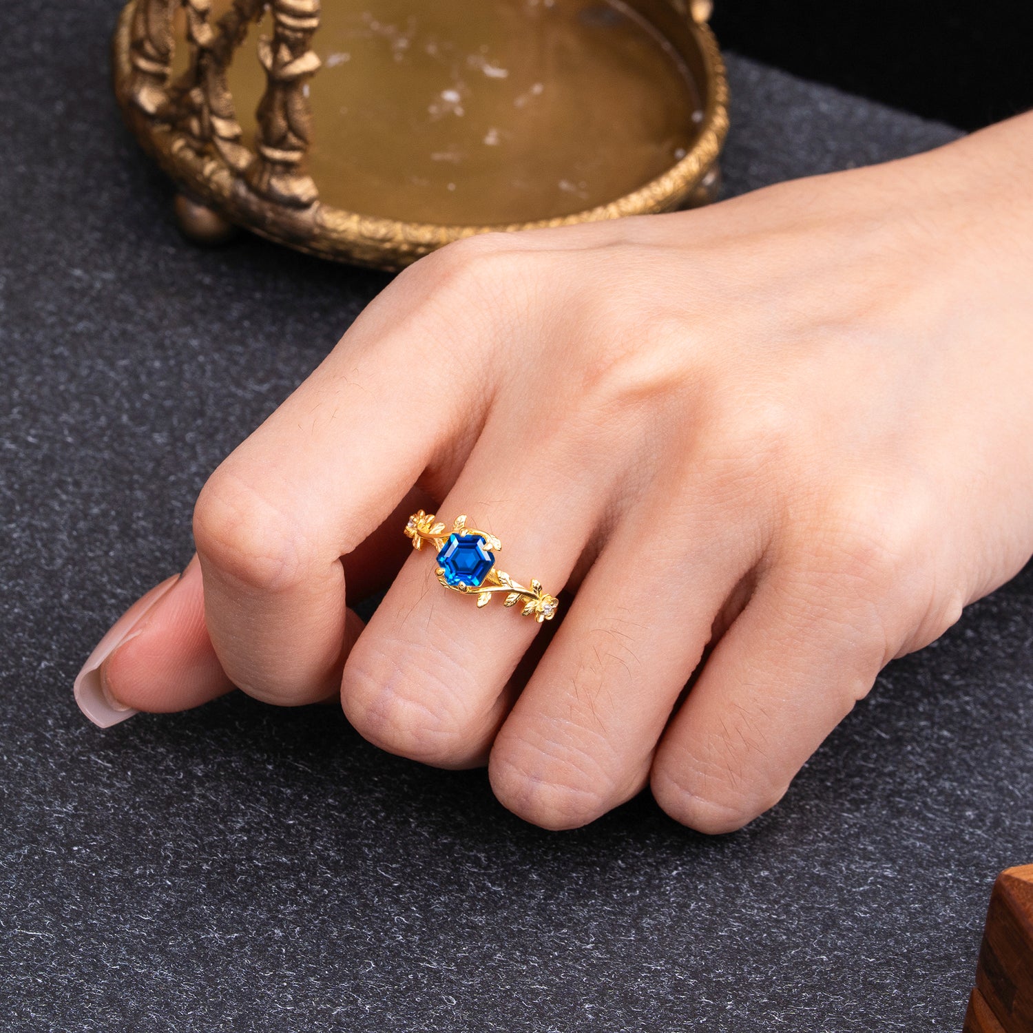 Nature-Inspired Vine-Wrapped 4-Prong Hexagon-Cut Sapphire Engagement Ring - Romalar Jewelry