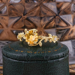 Nature-Inspired Vine-Wrapped 4-Prong Hexagon-Cut Citrine Engagement Ring