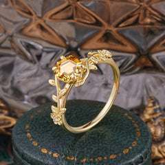 Nature-Inspired Vine-Wrapped 4-Prong Hexagon-Cut Citrine Engagement Ring