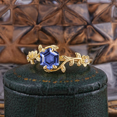 Nature-Inspired Vine-Wrapped 4-Prong Hexagon-Cut Tanzanite Engagement Ring