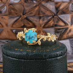 Nature-Inspired Vine-Wrapped 4-Prong Hexagon-Cut Turquoise Engagement Ring