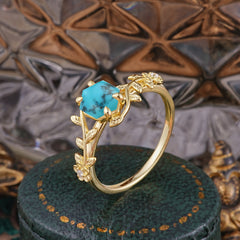 Nature-Inspired Vine-Wrapped 4-Prong Hexagon-Cut Turquoise Engagement Ring