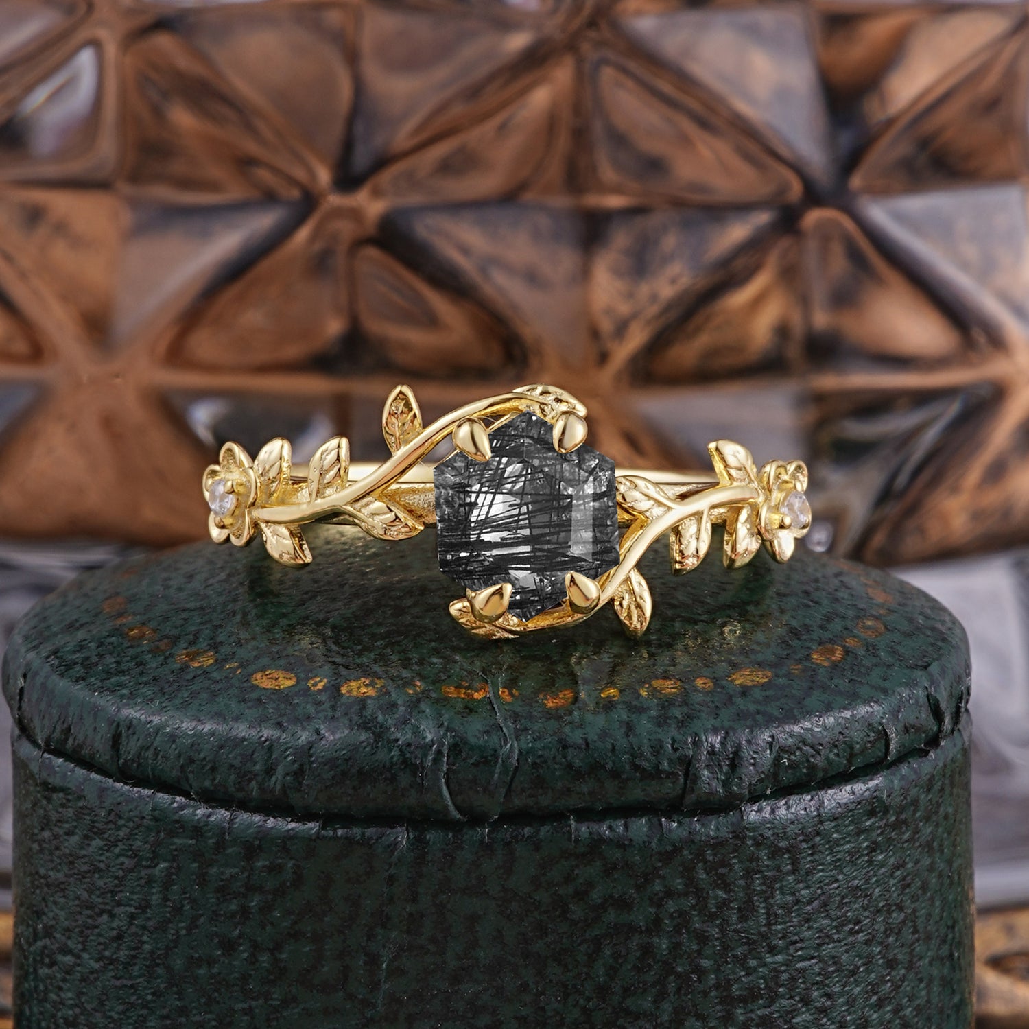 Nature-Inspired Vine-Wrapped 4-Prong Hexagon-Cut Black Rutilated Quartz Engagement Ring