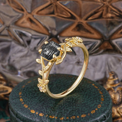 Nature-Inspired Vine-Wrapped 4-Prong Hexagon-Cut Black Rutilated Quartz Engagement Ring