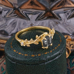 Nature-Inspired Vine-Wrapped 4-Prong Hexagon-Cut Black Rutilated Quartz Engagement Ring