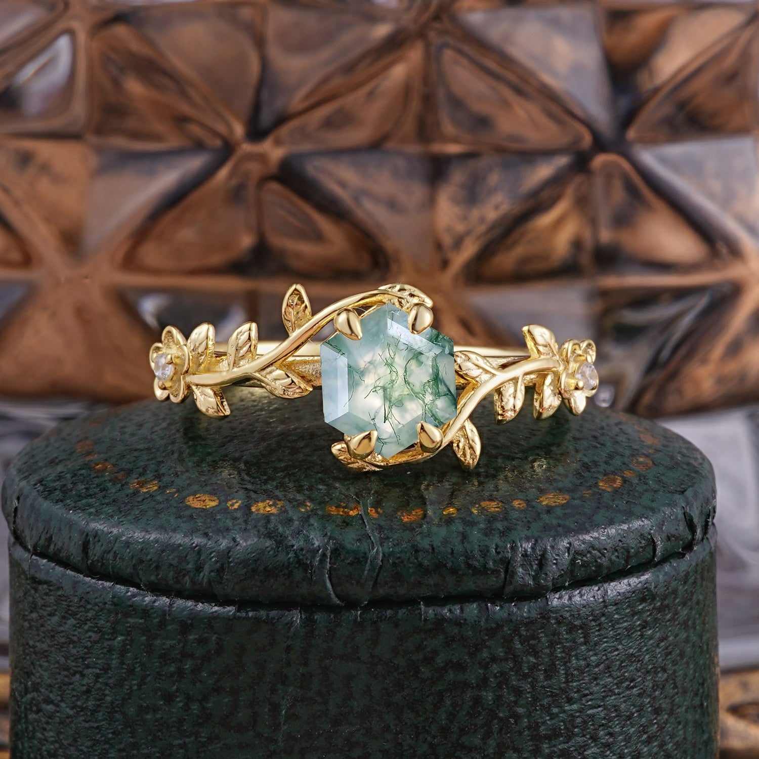 Nature-Inspired Vine-Wrapped 4-Prong Hexagon-Cut Natural Moss Agate Engagement Ring