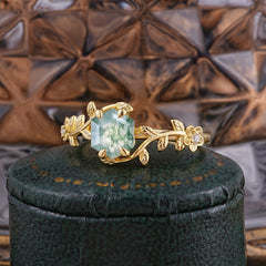 Nature-Inspired Vine-Wrapped 4-Prong Hexagon-Cut Natural Moss Agate Engagement Ring
