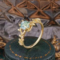 Nature-Inspired Vine-Wrapped 4-Prong Hexagon-Cut Natural Moss Agate Engagement Ring