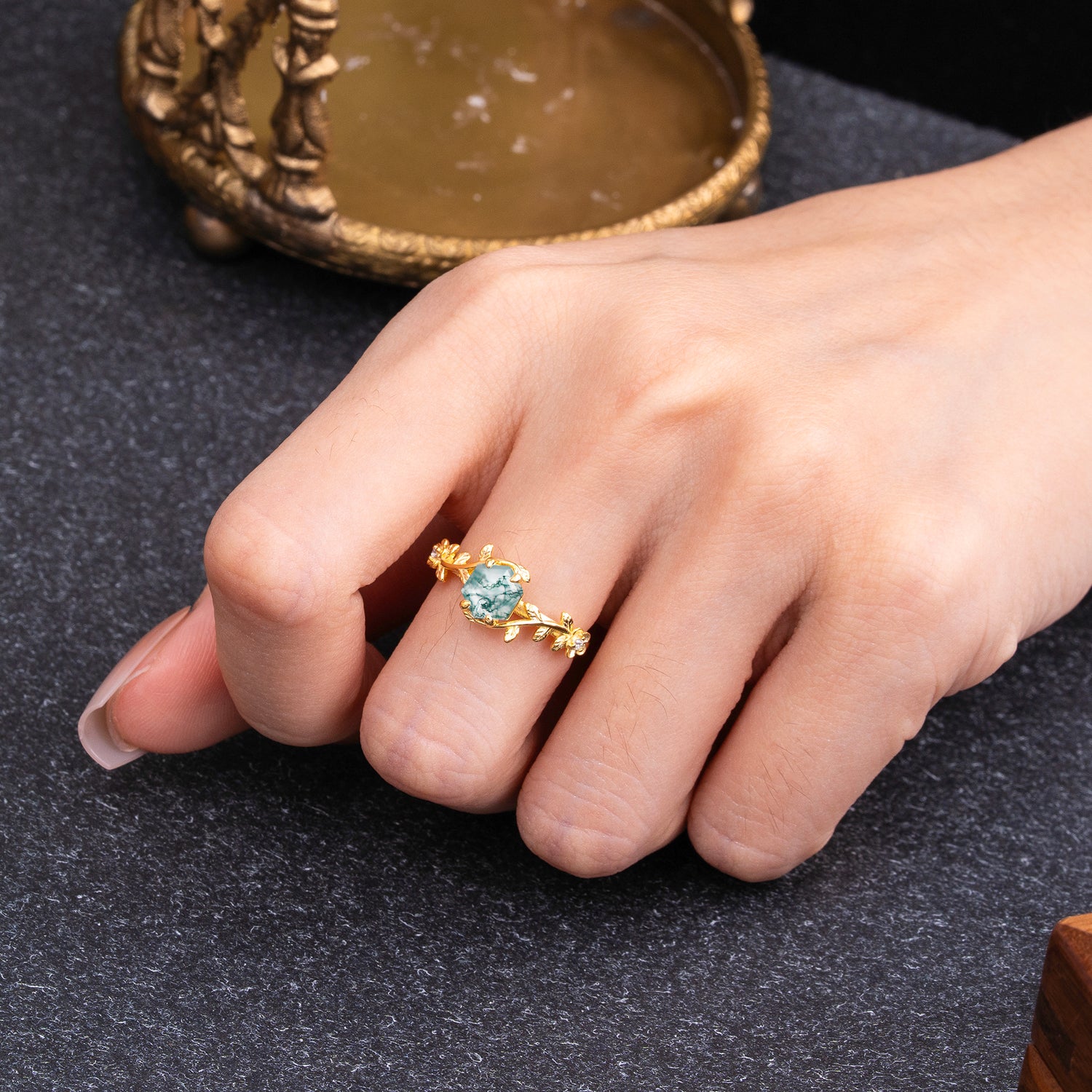 Nature-Inspired Vine-Wrapped 4-Prong Hexagon-Cut Natural Moss Agate Engagement Ring