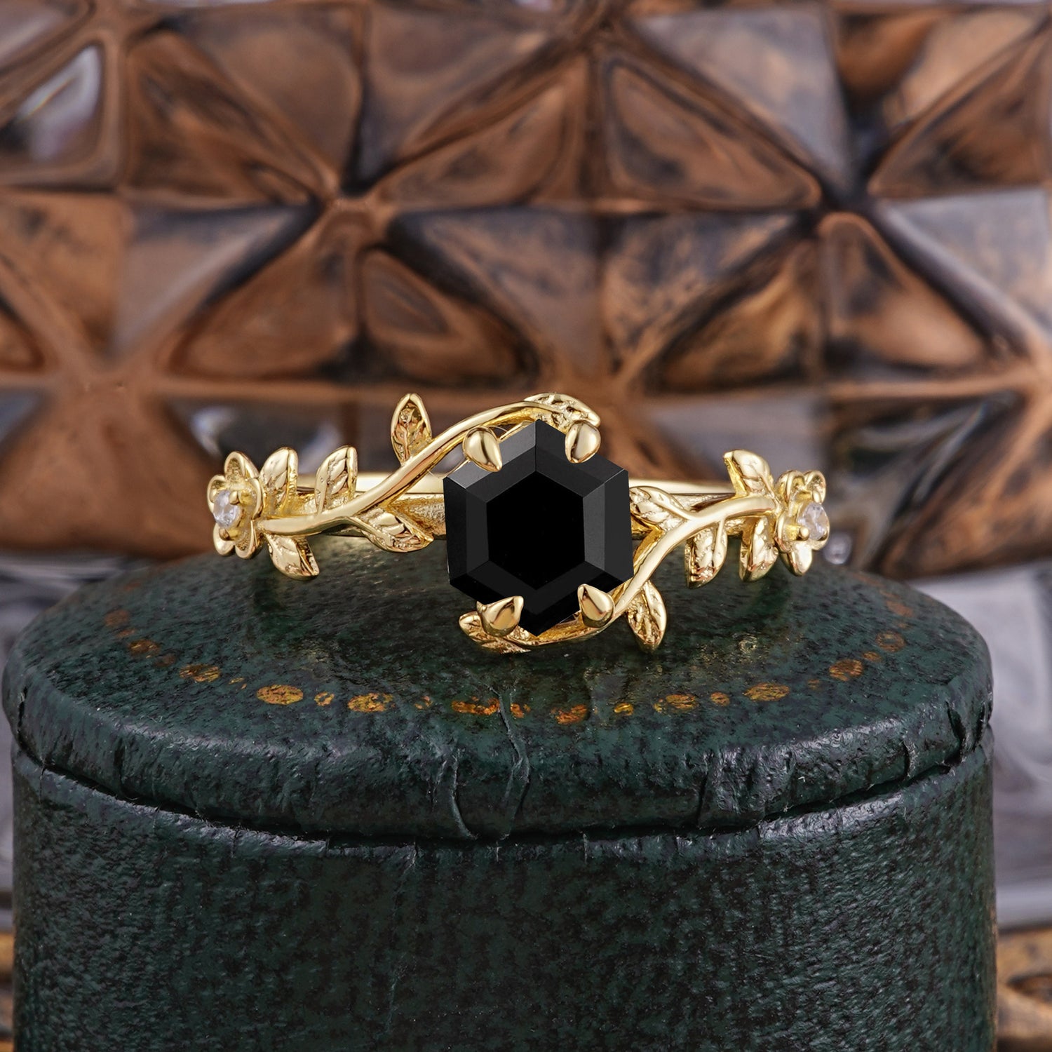 Nature-Inspired Vine-Wrapped 4-Prong Hexagon-Cut Black Onyx Engagement Ring - Romalar Jewelry
