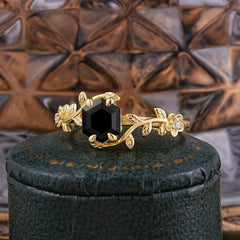 Nature-Inspired Vine-Wrapped 4-Prong Hexagon-Cut Black Onyx Engagement Ring