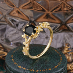 Nature-Inspired Vine-Wrapped 4-Prong Hexagon-Cut Black Onyx Engagement Ring