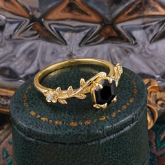 Nature-Inspired Vine-Wrapped 4-Prong Hexagon-Cut Black Onyx Engagement Ring