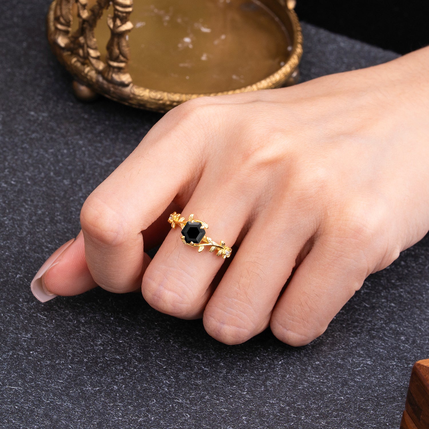 Nature-Inspired Vine-Wrapped 4-Prong Hexagon-Cut Black Onyx Engagement Ring - Romalar Jewelry