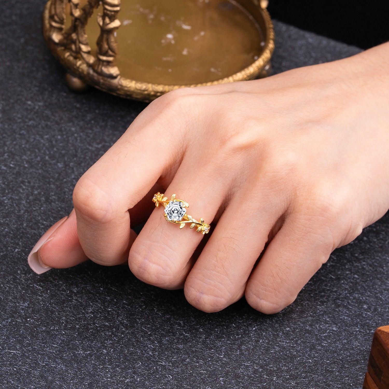 Nature-Inspired Vine-Wrapped 4-Prong Hexagon-Cut Lab Diamond Engagement Ring