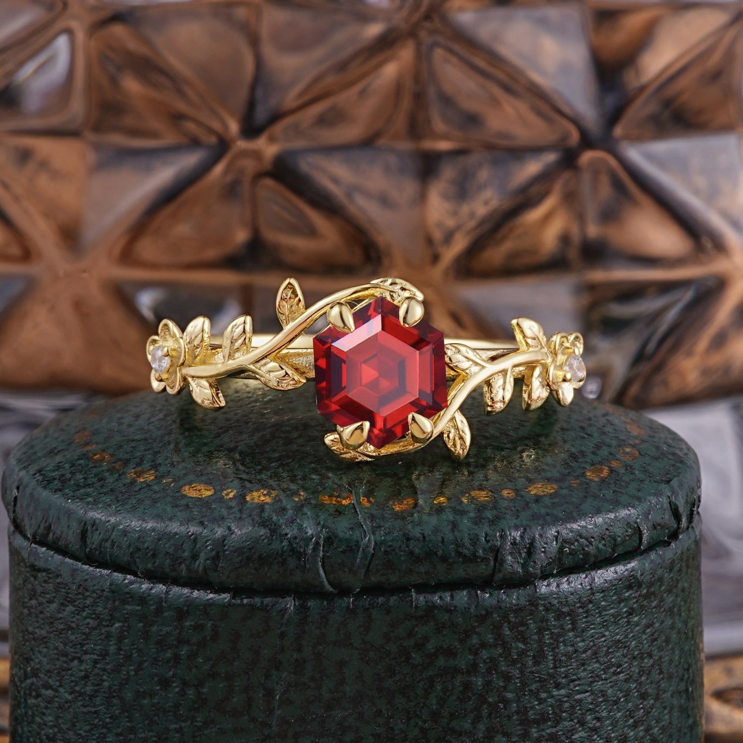 Nature-Inspired Vine-Wrapped 4-Prong Hexagon-Cut Garnet Engagement Ring - Romalar Jewelry
