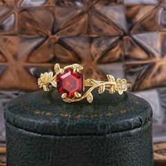 Nature-Inspired Vine-Wrapped 4-Prong Hexagon-Cut Garnet Engagement Ring