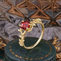 Nature-Inspired Vine-Wrapped 4-Prong Hexagon-Cut Garnet Engagement Ring