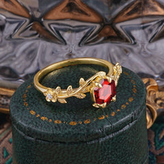 Nature-Inspired Vine-Wrapped 4-Prong Hexagon-Cut Garnet Engagement Ring