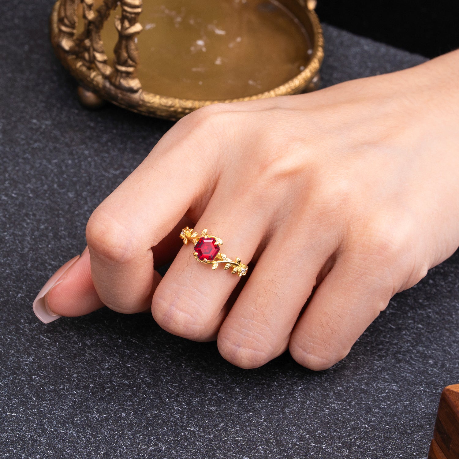 Nature-Inspired Vine-Wrapped 4-Prong Hexagon-Cut Garnet Engagement Ring - Romalar Jewelry