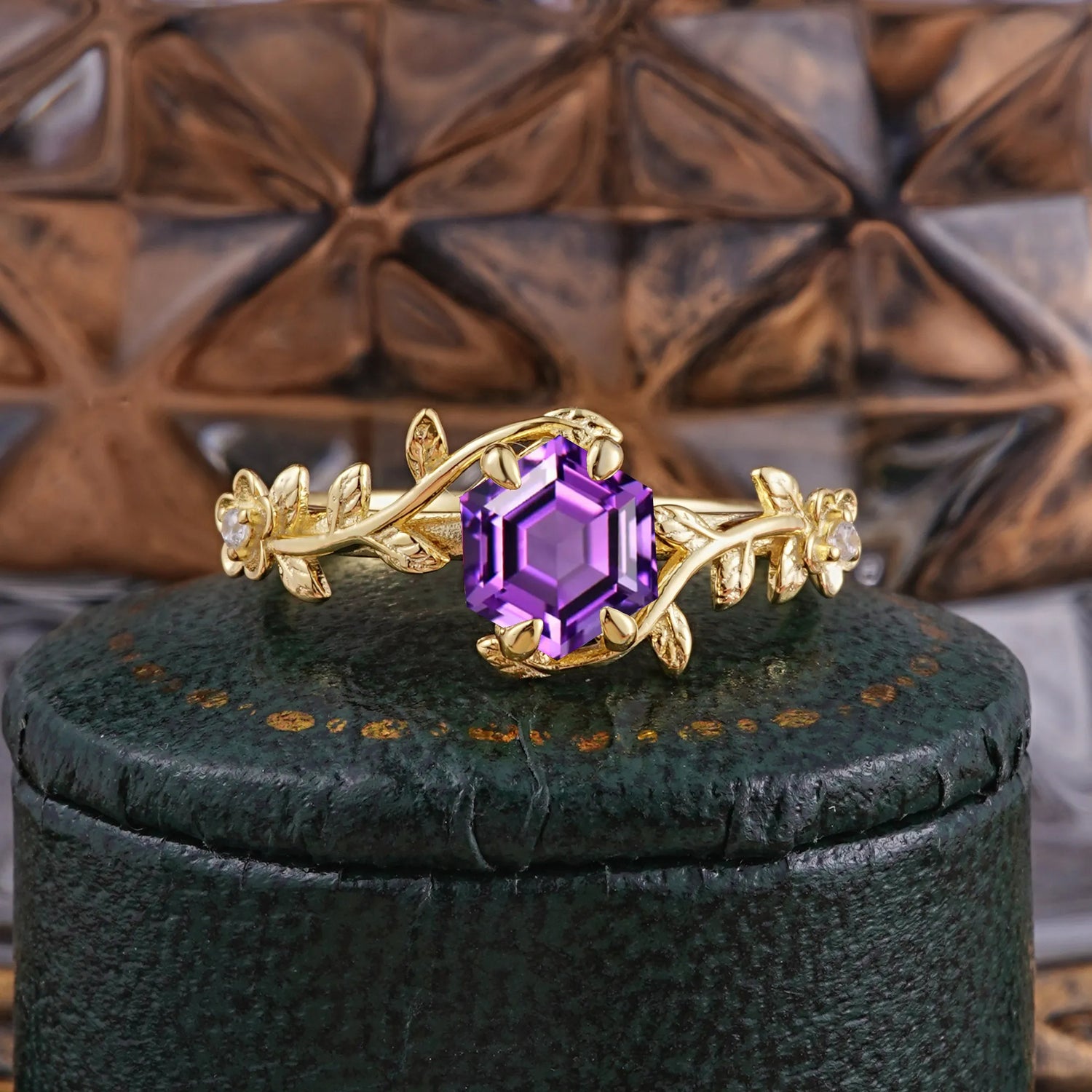 Nature-Inspired Vine-Wrapped 4-Prong Hexagon-Cut Amethyst Engagement Ring
