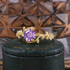 Nature-Inspired Vine-Wrapped 4-Prong Hexagon-Cut Amethyst Engagement Ring