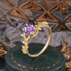 Nature-Inspired Vine-Wrapped 4-Prong Hexagon-Cut Amethyst Engagement Ring