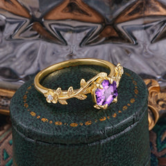 Nature-Inspired Vine-Wrapped 4-Prong Hexagon-Cut Amethyst Engagement Ring